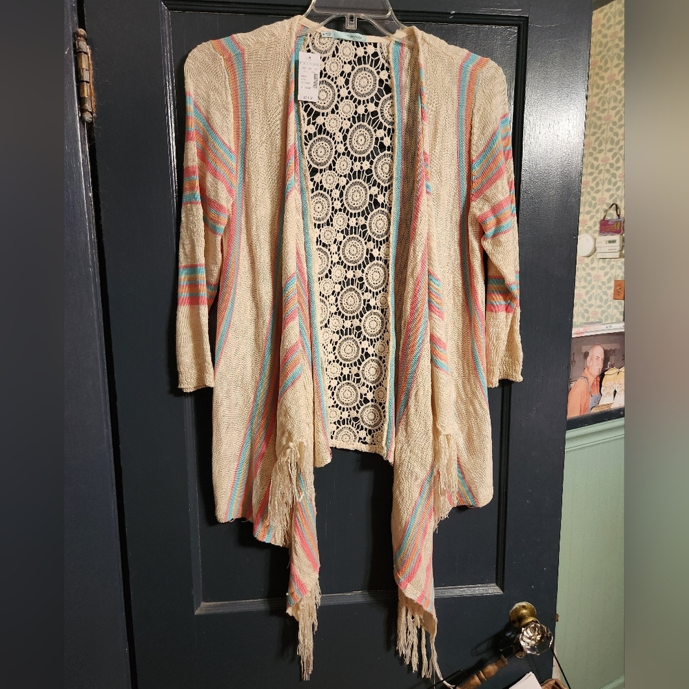 NWT Maurices Lightweight Stripe Fringed Cardigan w/ Lace Inset on Back L/XL